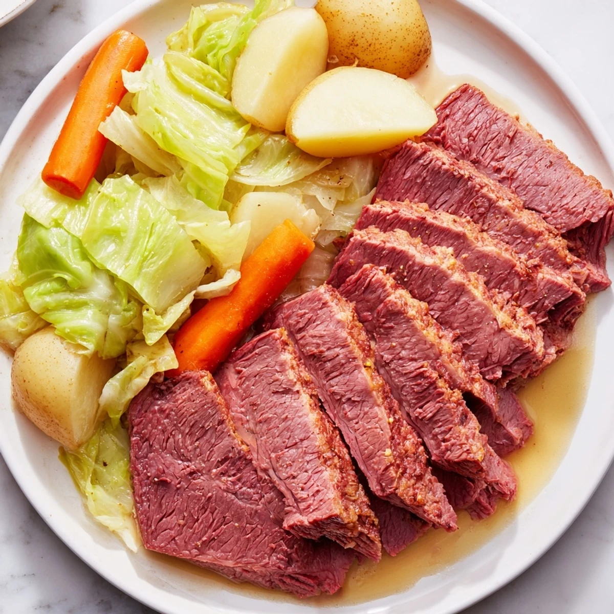 A comforting Slow Cooked Corned Beef Brisket with Cabbage nestled among soft vegetables, steaming and garnished with fresh parsley for a family dinner.