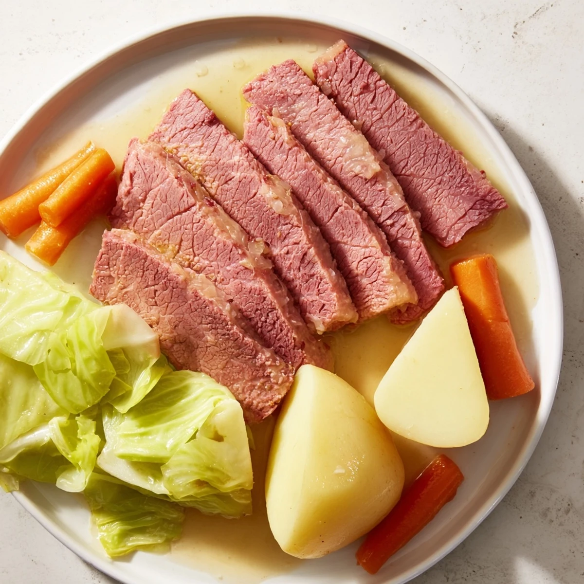Hearty slices of Slow Cooked Corned Beef Brisket with Cabbage, surrounded by golden potatoes and carrots, ready for a festive St. Patrick’s Day meal.  