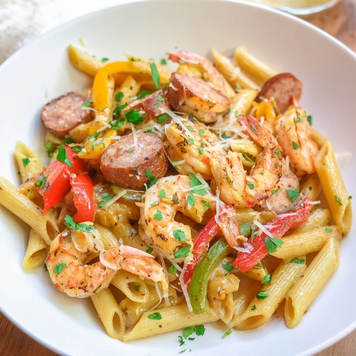 Creamy Cajun Shrimp and Turkey Sausage Pasta served in a skillet, garnished with fresh parsley and extra Parmesan.