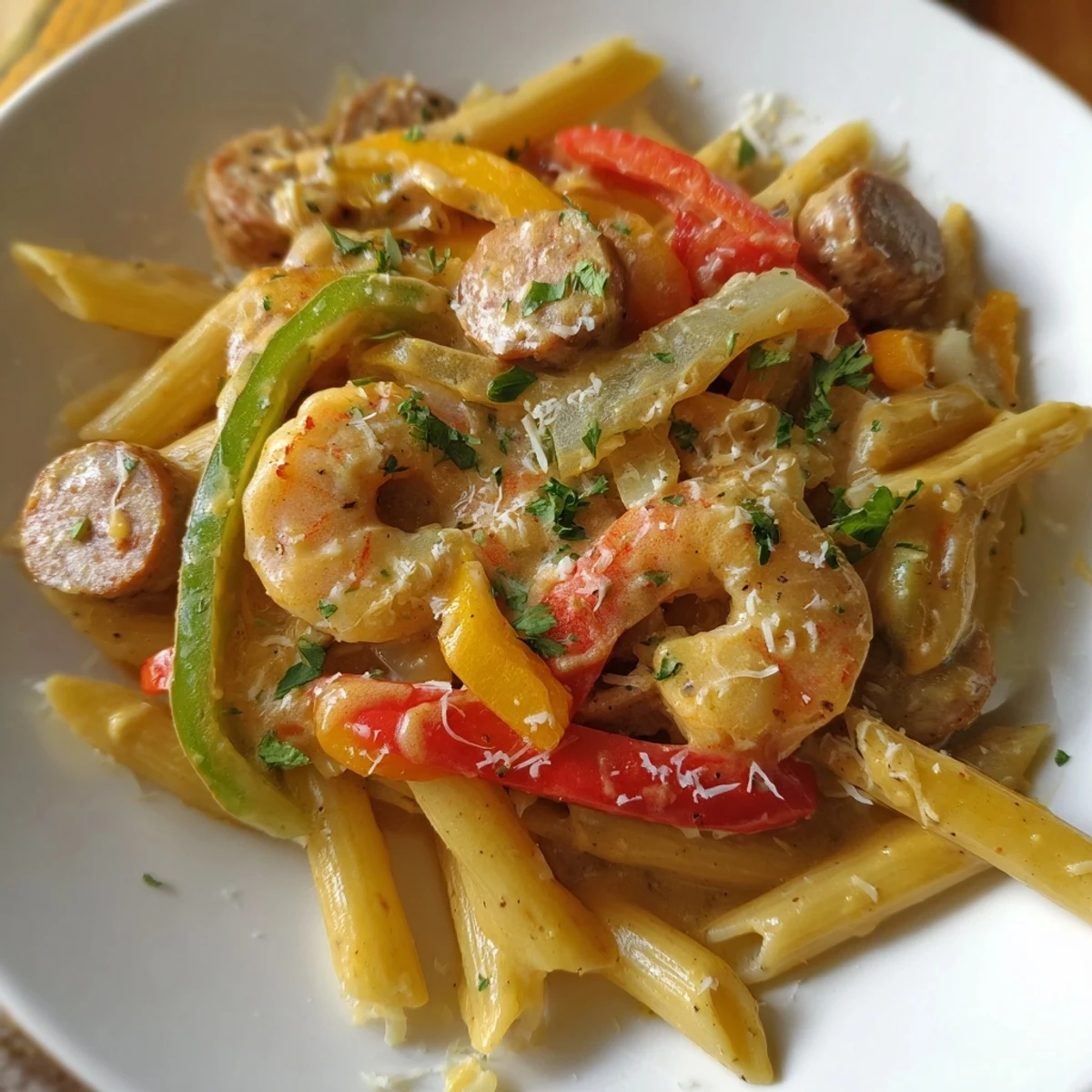 A close-up view of creamy Cajun Shrimp and Turkey Sausage Pasta with colorful bell peppers and al dente penne.