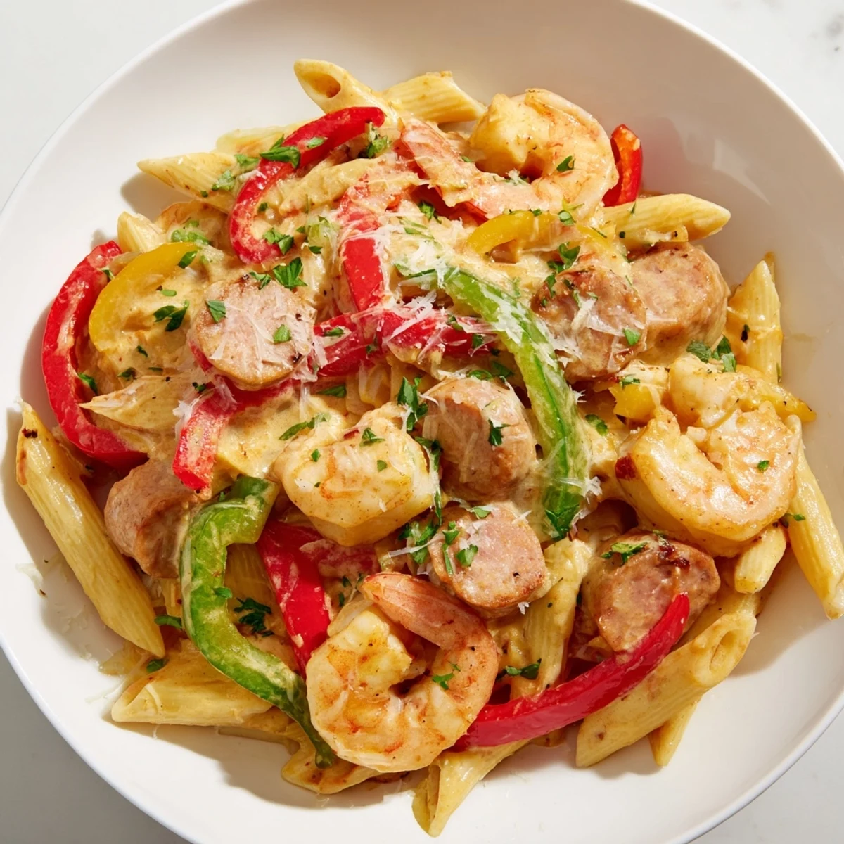 Steaming bowl of Creamy Cajun Shrimp and Turkey Sausage Pasta, highlighting the smoky sausage and succulent shrimp.