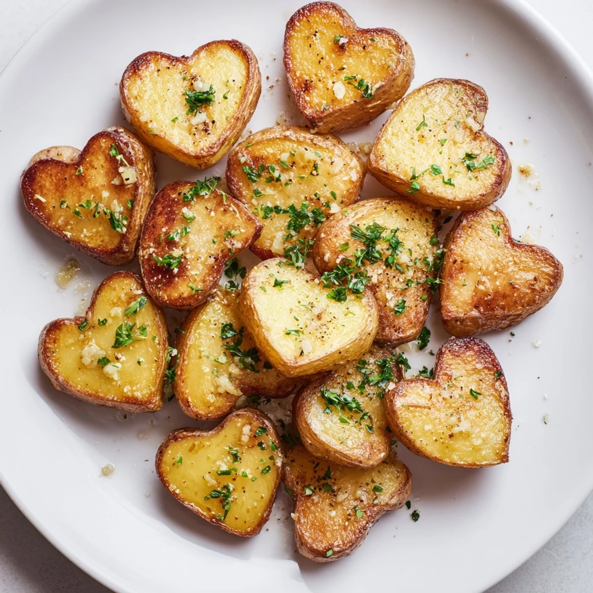 Crispy roasted heart-shaped potatoes with garlic and herbs on a platter, perfect for a romantic dinner.  