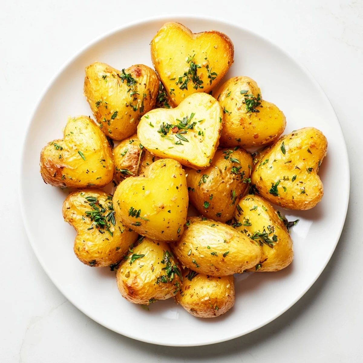 Golden brown heart-shaped potatoes roasted with garlic, rosemary, and thyme on a baking sheet.  
