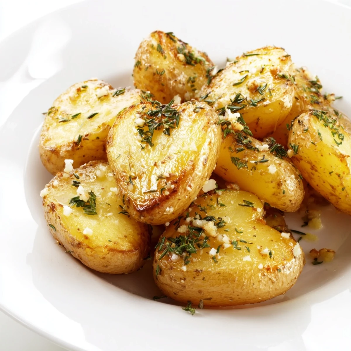 Rustic serving platter of tender roasted heart-shaped potatoes garnished with fresh parsley and flaky salt.