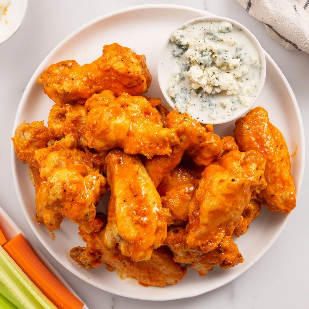 Golden-brown crispy buffalo chicken wings tossed in tangy sauce, paired with a creamy blue cheese dip for game day snacking.