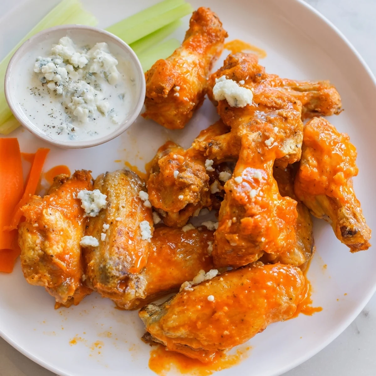 Freshly baked buffalo wings served with crunchy celery and carrot sticks, ideal for a party appetizer platter.