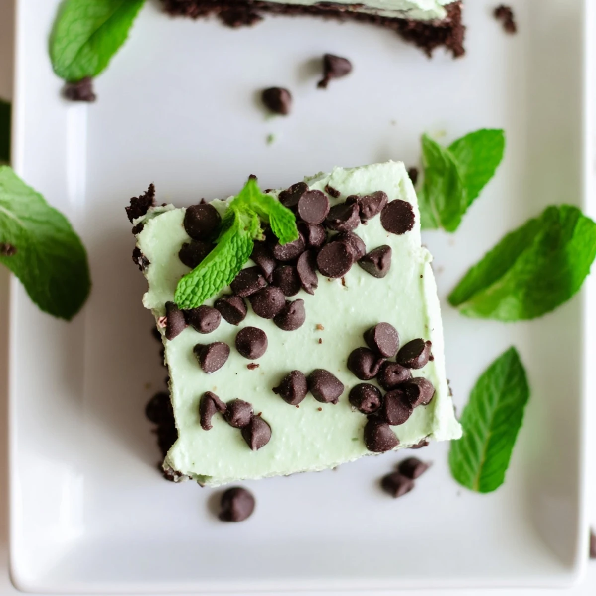 A close-up view of mint chocolate chip cheesecake bars cut into squares, revealing a creamy green filling and a rich chocolate cookie crust.