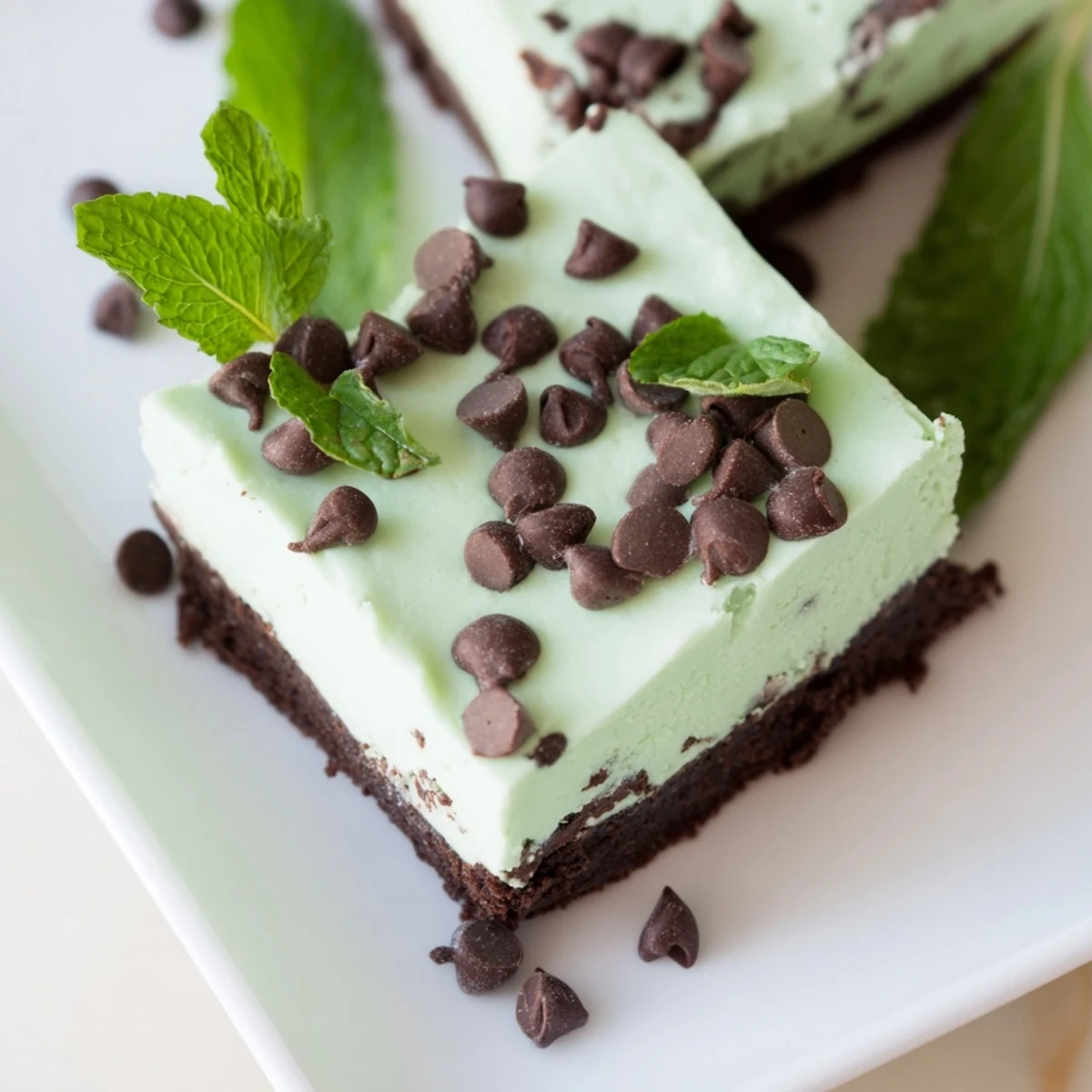 Fresh mint leaves and mini chocolate chips garnish the top of these homemade mint chocolate chip cheesecake bars on a cooling rack.