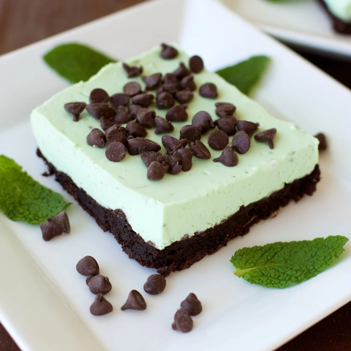 A slice of mint chocolate chip cheesecake bars is served on a small plate, showcasing the layered texture of the smooth cheesecake and crunchy crust.