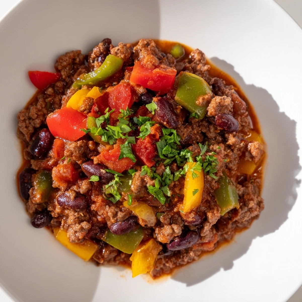 Hearty Game Day Beef Chili with Cheddar Cornbread served in a rustic bowl, topped with melted cheese and fresh cilantro.