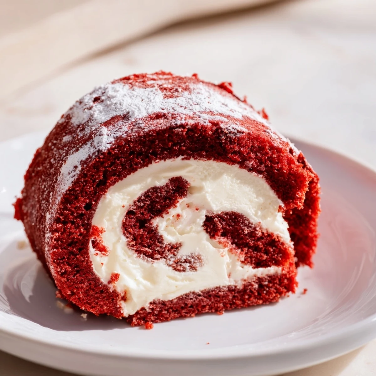 A moist, vibrant red velvet cake roll with cream cheese filling, dusted with powdered sugar on a festive platter.
