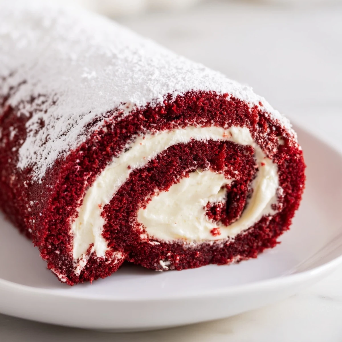 Tender red velvet sponge rolled with creamy filling, showcasing a swirl of vibrant color and smooth texture.