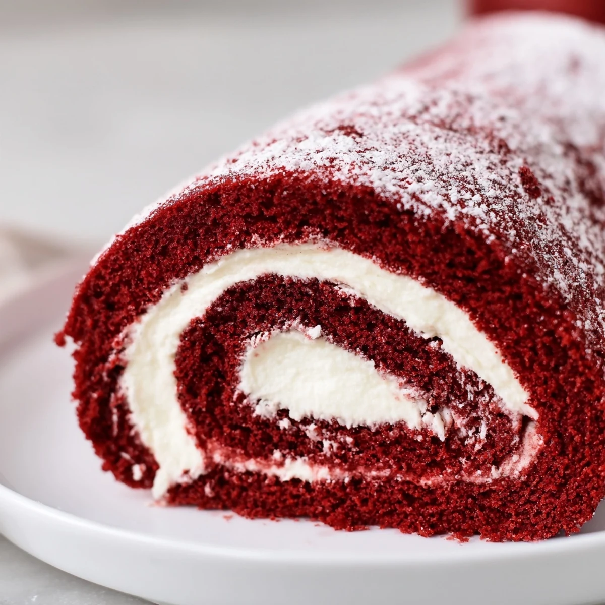 Sliced red velvet cake roll with cream cheese filling, perfect for holiday dessert tables with fresh berries.