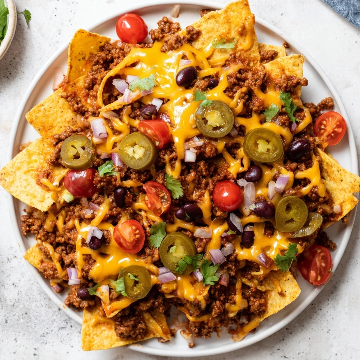 A close-up of Spicy Beef Nachos Supreme with Guacamole, featuring crispy tortilla chips loaded with melted cheddar cheese, seasoned ground beef, and fresh toppings.  
