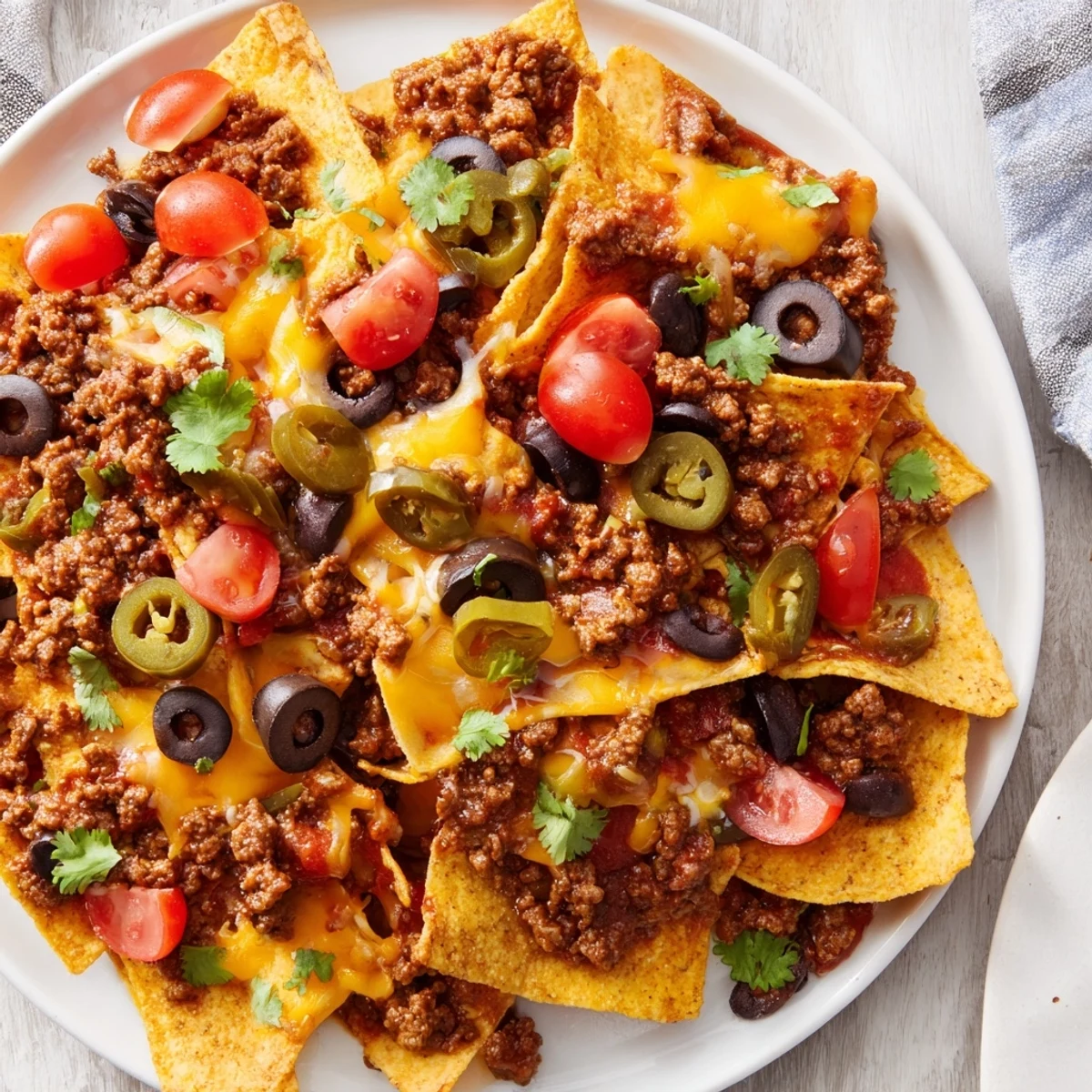 Heaping platter of Spicy Beef Nachos Supreme with Guacamole, garnished with black beans, jalapeños, cherry tomatoes, and a generous scoop of creamy guacamole.  