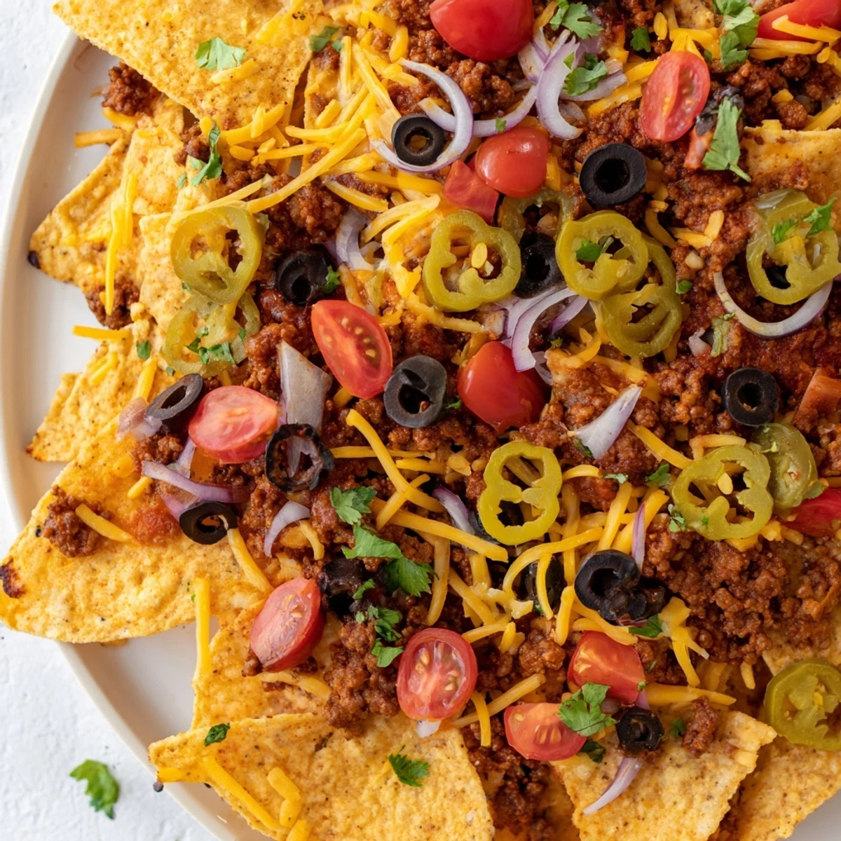 Spicy Beef Nachos Supreme with Guacamole served warm with melted cheese, spiced beef, and cool sour cream on a wooden table.