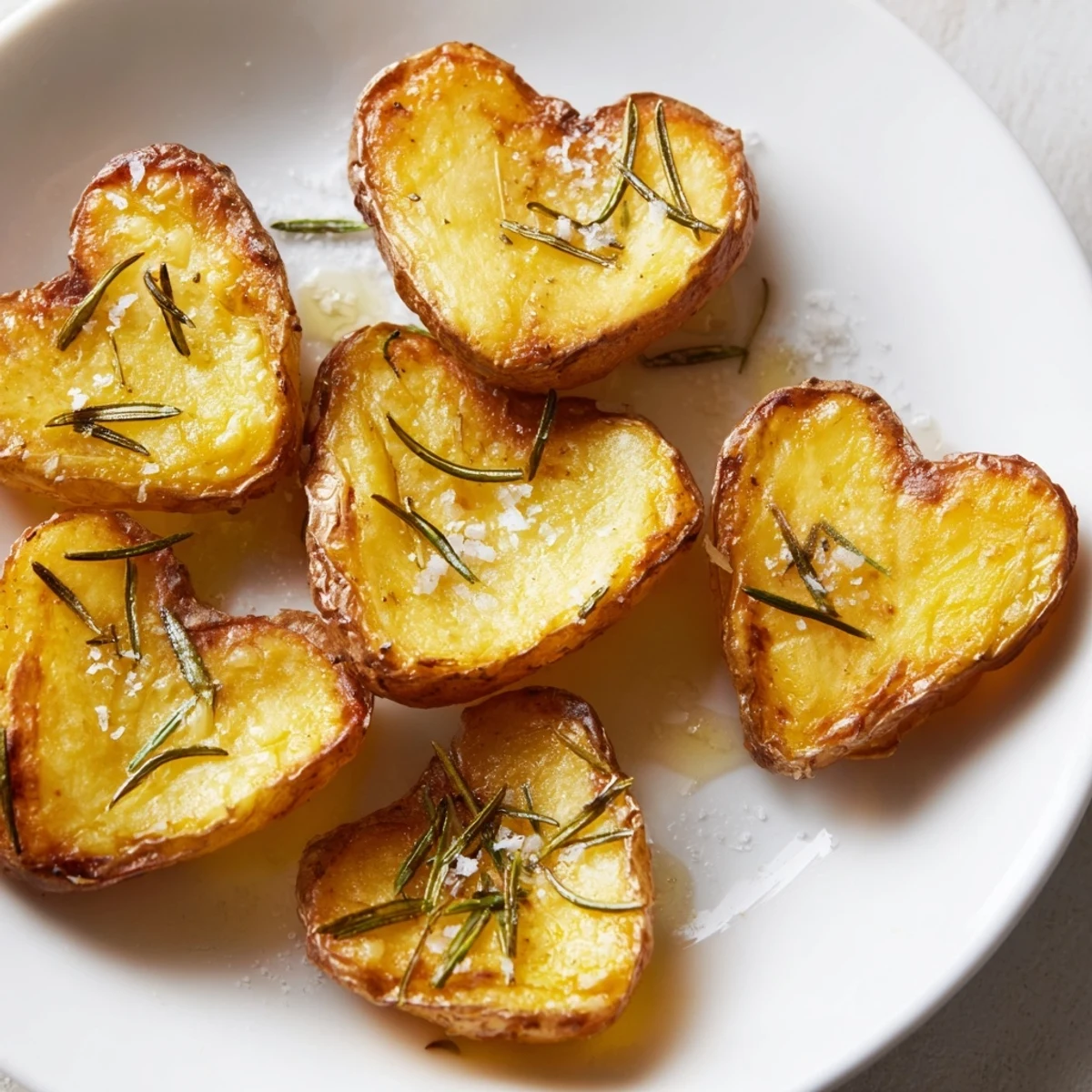 Golden brown Roasted Heart Shaped Potatoes with Rosemary fresh from the oven, garnished with herbs.