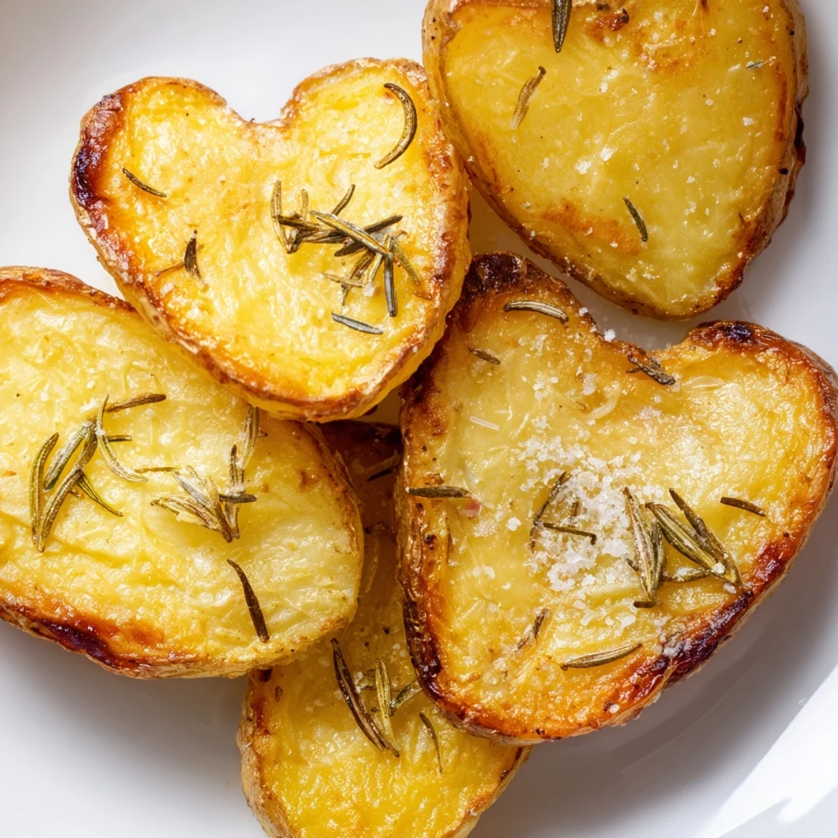 Crisp-edged, fluffy-centered heart-shaped potatoes drizzled with olive oil and topped with fresh rosemary sprigs.