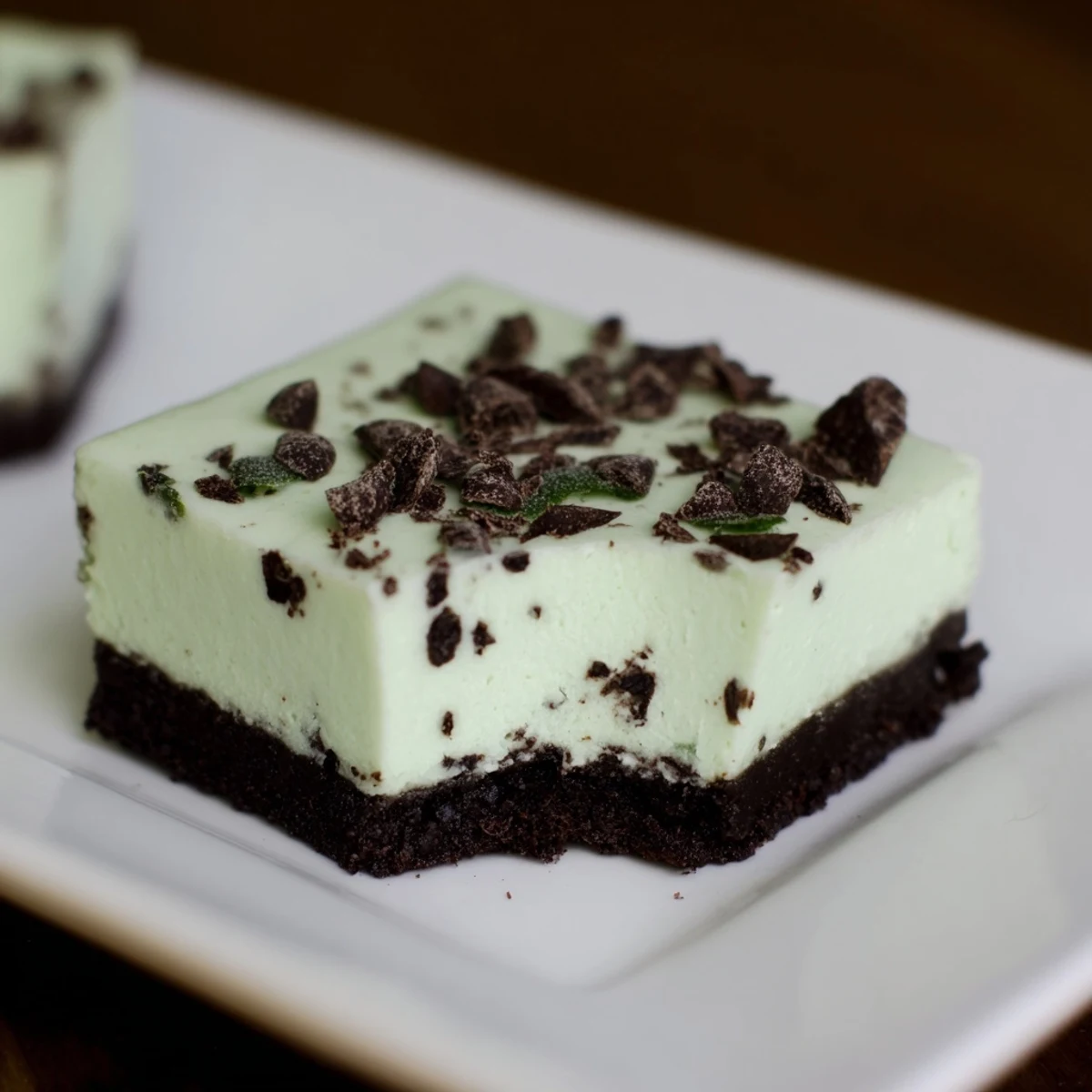 Mint Chocolate Chip Cheesecake Bars are sliced on a plate, revealing creamy green filling and chocolate chunks over a dark cookie crust.