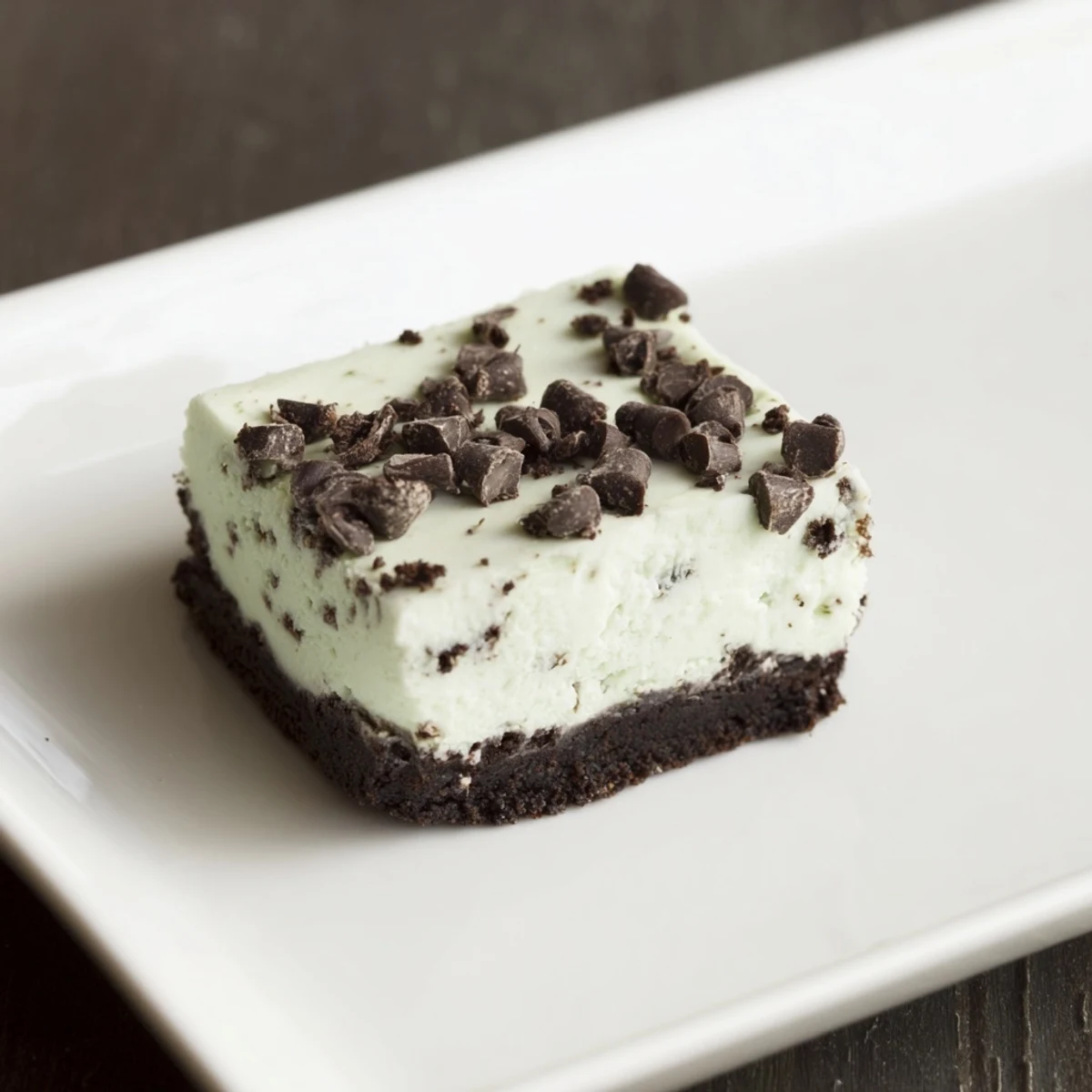 A close-up of Mint Chocolate Chip Cheesecake Bars shows a smooth, minty filling studded with mini chocolate chips and a crisp base.