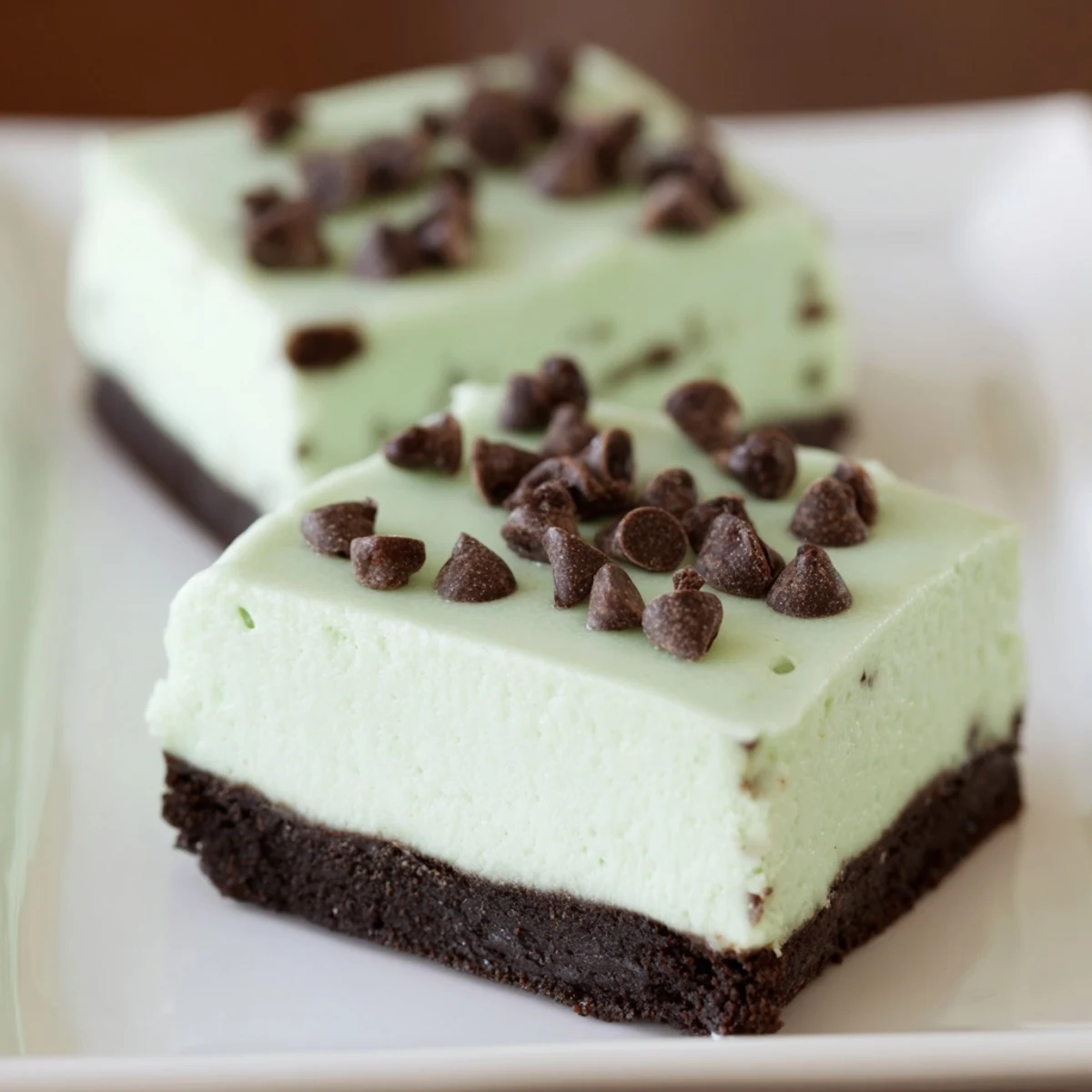 Four chilled Mint Chocolate Chip Cheesecake Bars are arranged on a marble board, ready for serving at a refreshing dessert party.