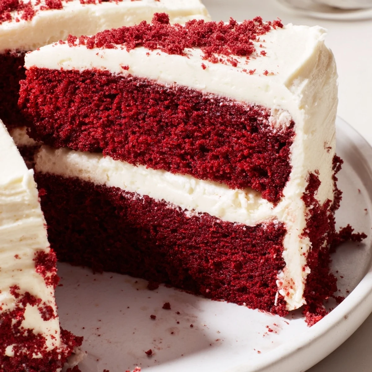 A slice of moist Red Velvet Layer Cake with Cream Cheese Frosting on a white plate, crumbs visible on the cake's velvety crumb.