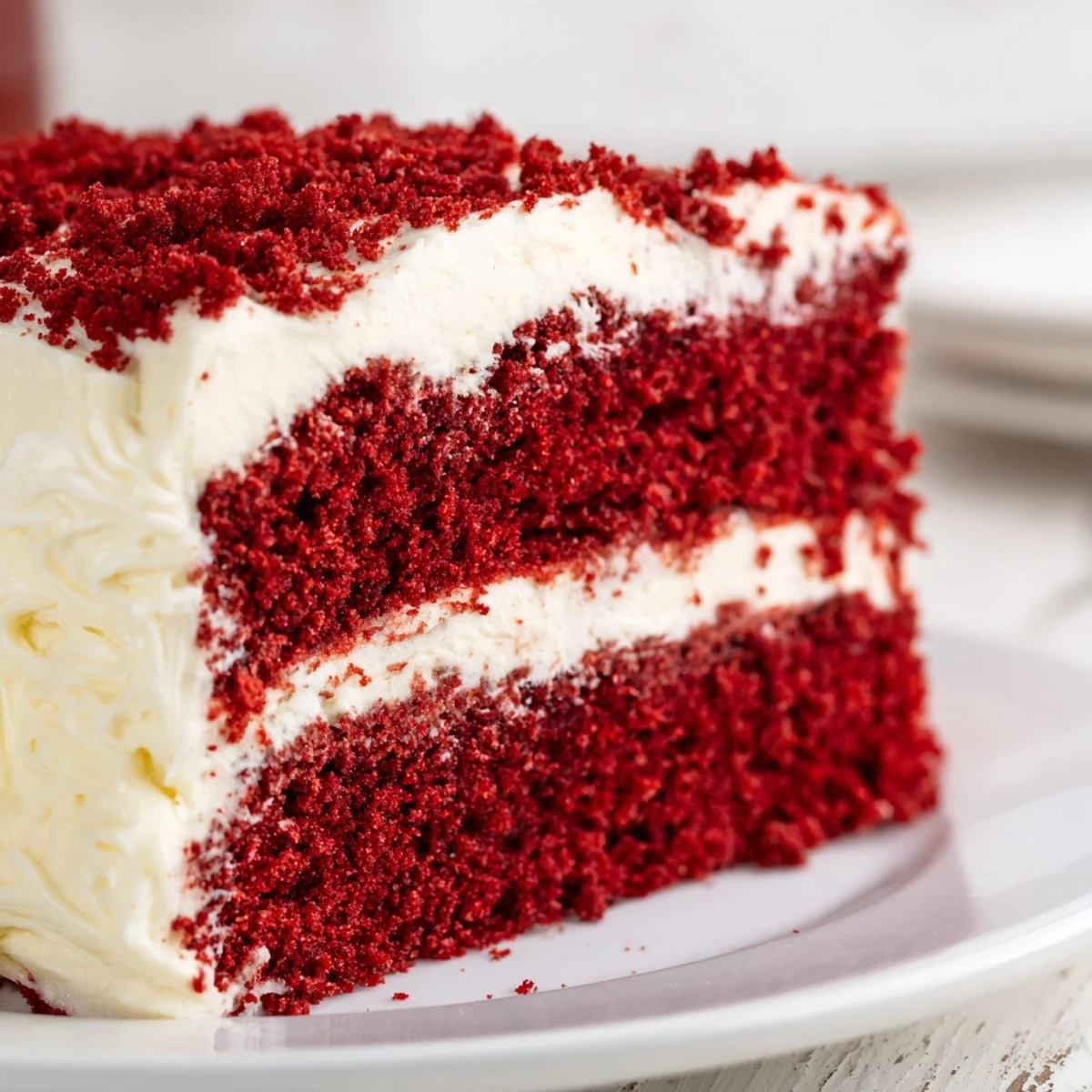 Frosted Red Velvet Layer Cake with Cream Cheese Frosting topped with fresh raspberries, photographed in natural kitchen light on a wooden table.