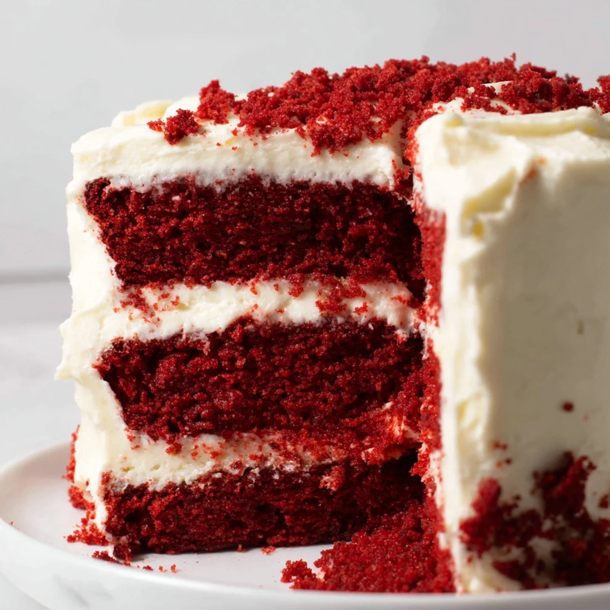 Homemade Red Velvet Layer Cake with Cream Cheese Frosting sliced to reveal rich red layers, paired with a steaming cup of black coffee.