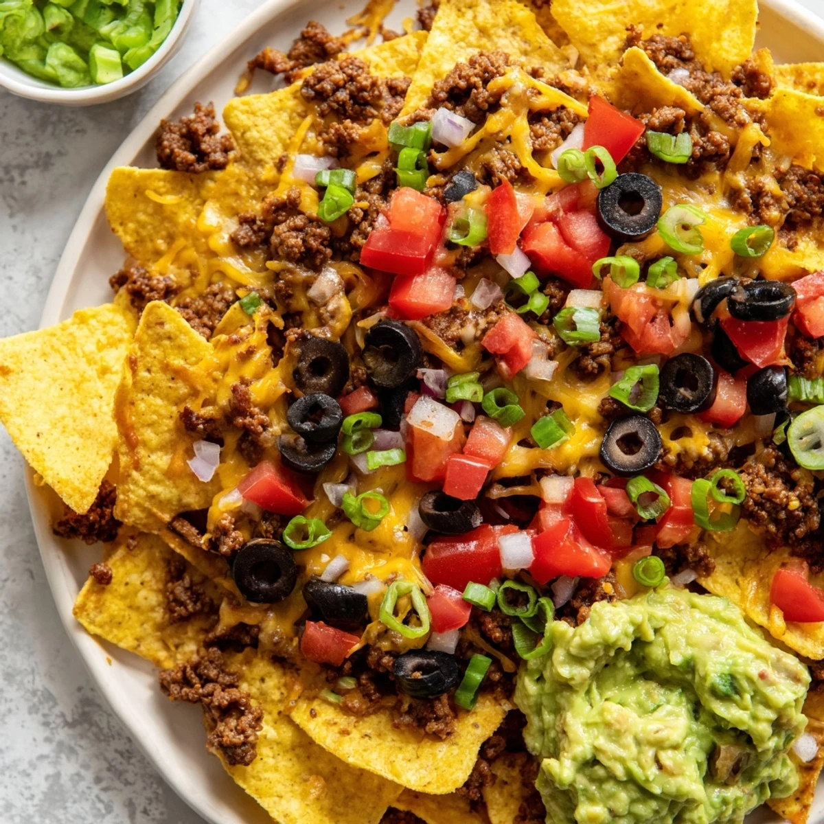 Crispy tortilla chips loaded with Spicy Beef Nachos Supreme, melted cheese, and fresh guacamole on a vibrant platter.