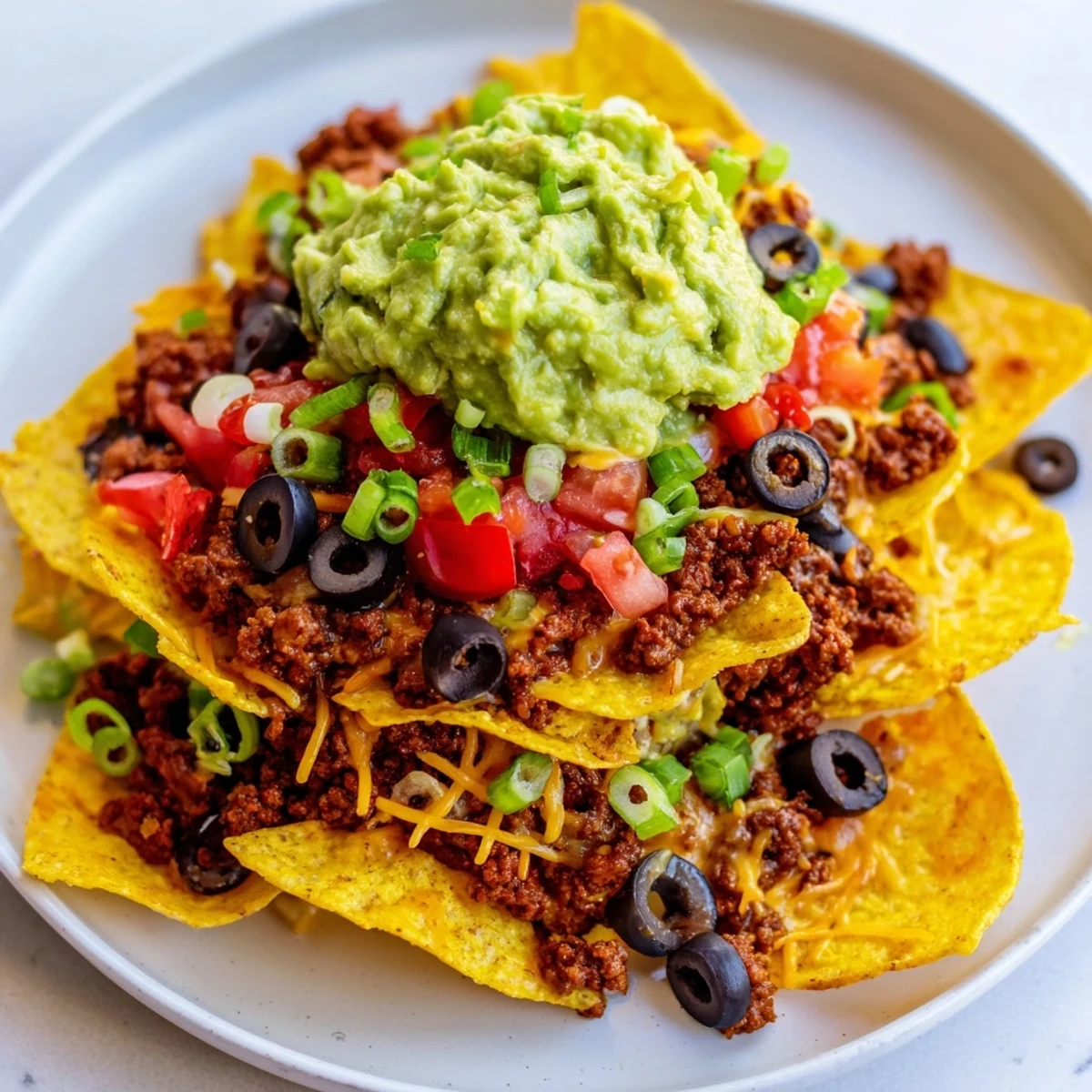 Golden-baked Spicy Beef Nachos Supreme bubbling with cheddar and Monterey Jack, topped with black beans and ripe avocado.
