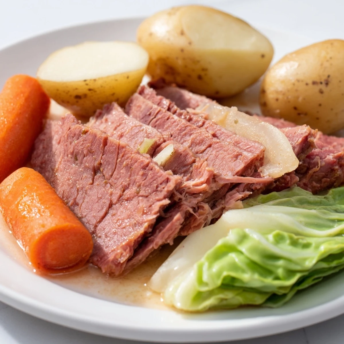 Steam rises from the hearty slow cooked corned beef, cabbage, and potatoes plated for St. Patrick's Day.
