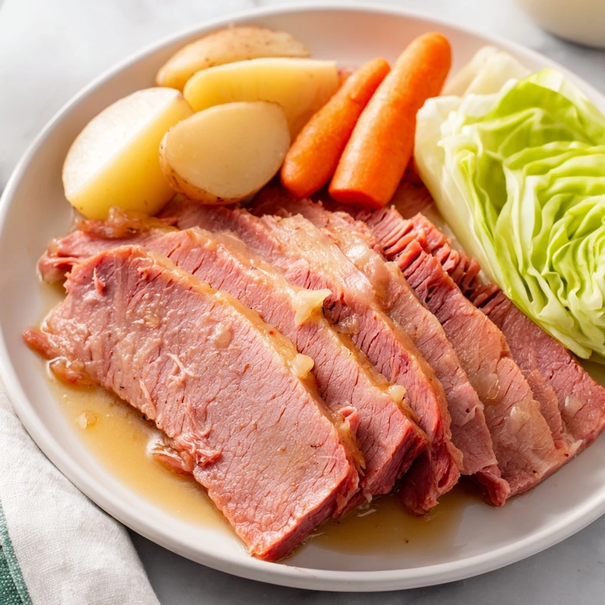 Tender slices of slow cooked corned beef with cabbage and potatoes served in a rustic bowl.