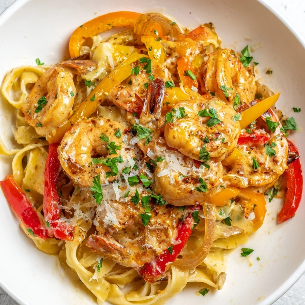 Creamy Cajun Shrimp Pasta with Bell Peppers served in a white bowl, twirled on a fork with a bite of shrimp and colorful peppers, parsley garnish, ready to eat.