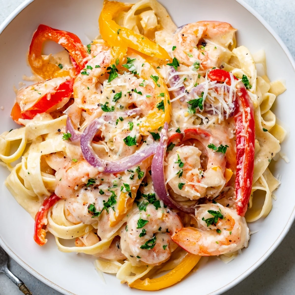 Steaming skillet of Creamy Cajun Shrimp Pasta with Bell Peppers, sautéed peppers and onions in a rich, spicy cream sauce, tongs lifting pasta, ideal for a quick weeknight dinner.