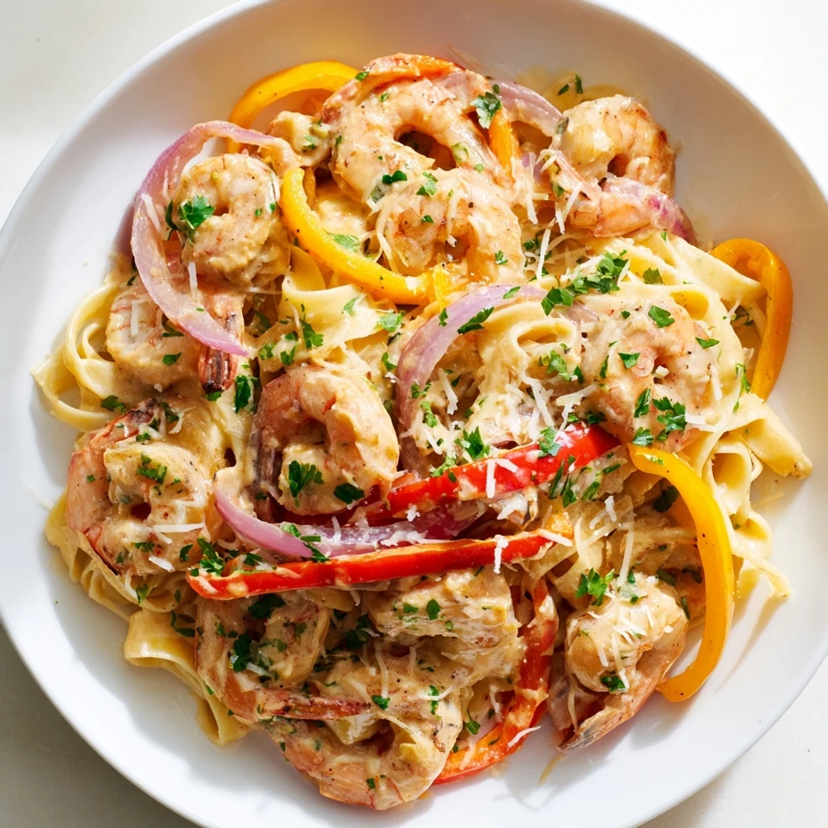 Close-up of Creamy Cajun Shrimp Pasta with Bell Peppers highlighting succulent shrimp, glossy sauce coating fettuccine, and vibrant red and yellow pepper strips, lemon wedge on the side.