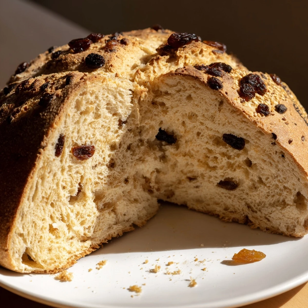Freshly baked Irish Soda Bread with Currants and Caraway Seeds, featuring a rustic golden crust and a tender, speckled interior.