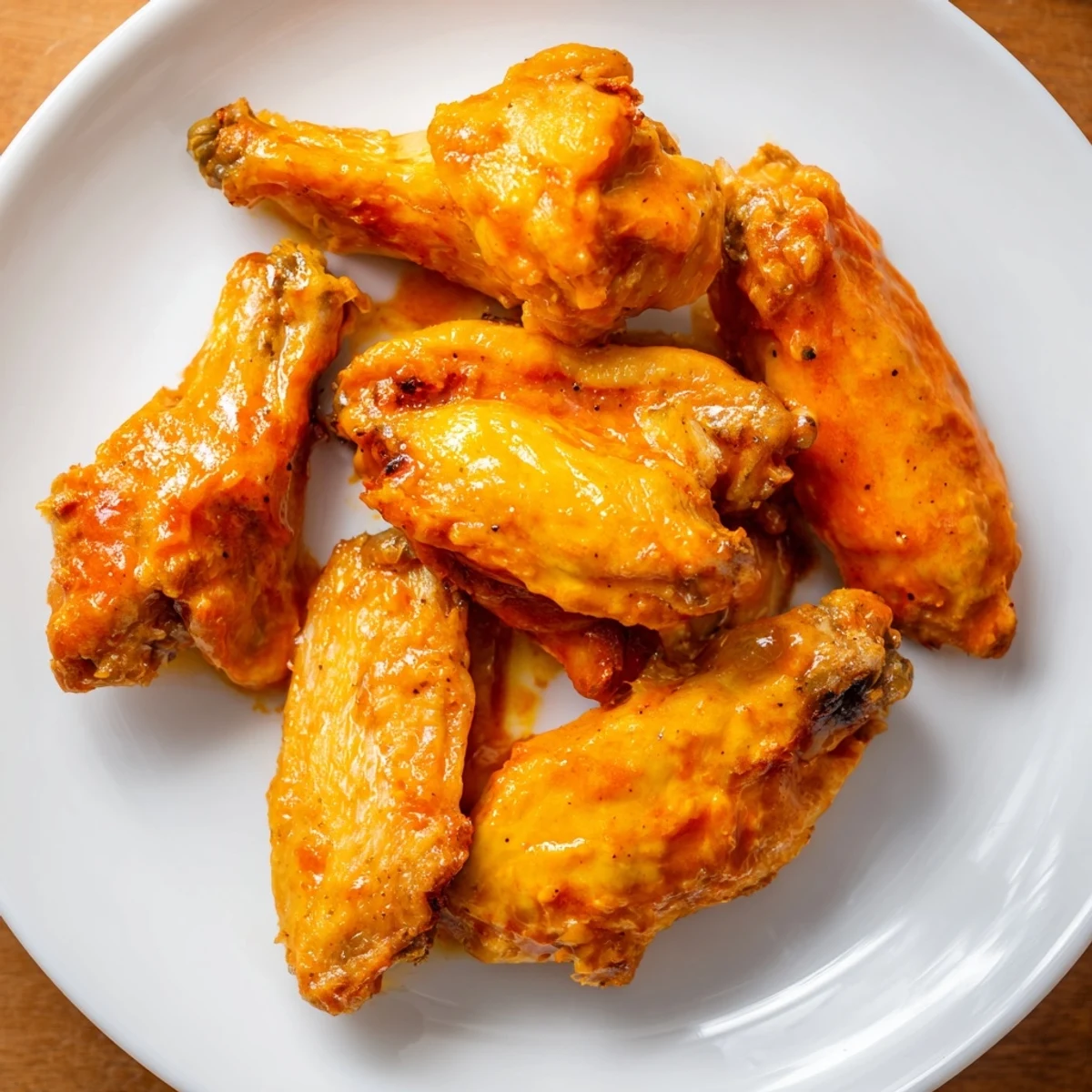 Hot and spicy Crispy Air Fryer Chicken Wings with Buffalo Sauce arranged on a platter, drizzled with buttery sauce and paired with crunchy carrots.