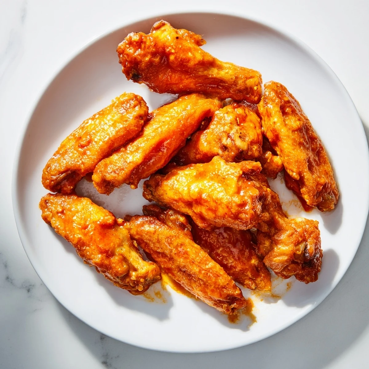 Perfectly cooked Crispy Air Fryer Chicken Wings with Buffalo Sauce glistening with spice, a game day appetizer ready for ranch dipping and beer.