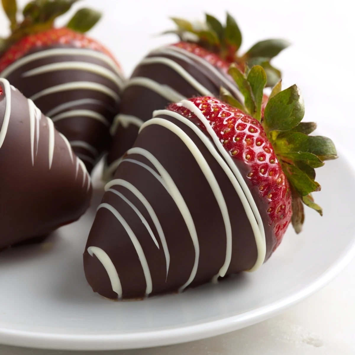 Close-up of Chocolate Dipped Strawberries with White Drizzle on a dark plate, showing glossy dark chocolate and elegant white swirls.