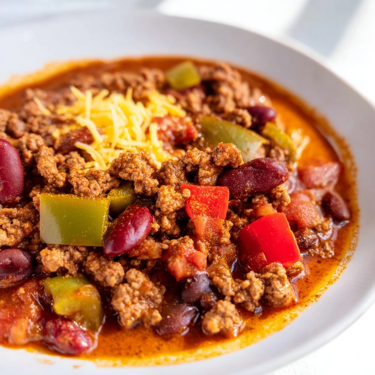 Close-up of Game Day Beef Chili with Cheddar Cornbread, showing rich, steaming chili topped with melted cheddar and a golden cornbread square.