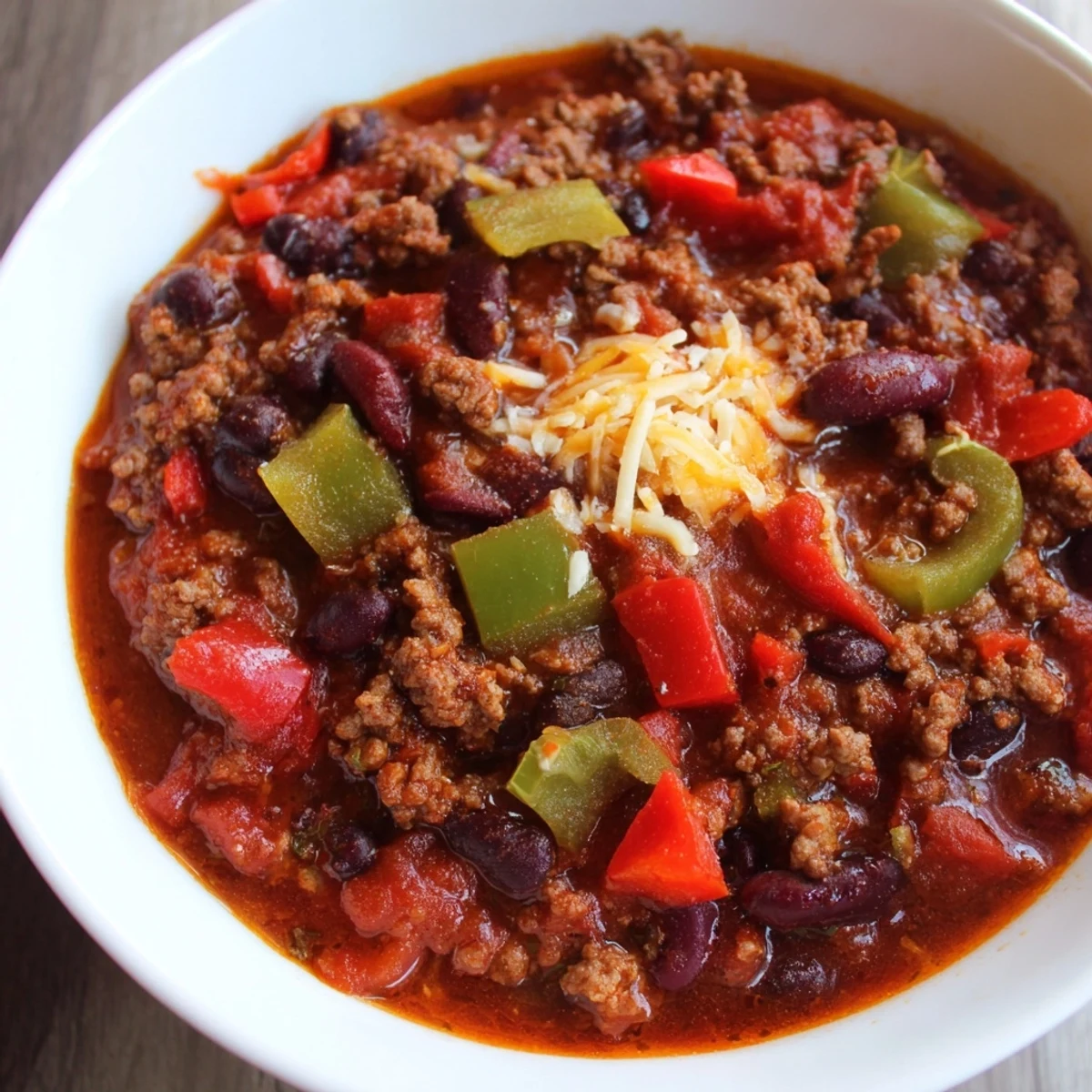Spoon lifting a serving of Game Day Beef Chili with Cheddar Cornbread, revealing hearty beef, kidney beans, and bell peppers.