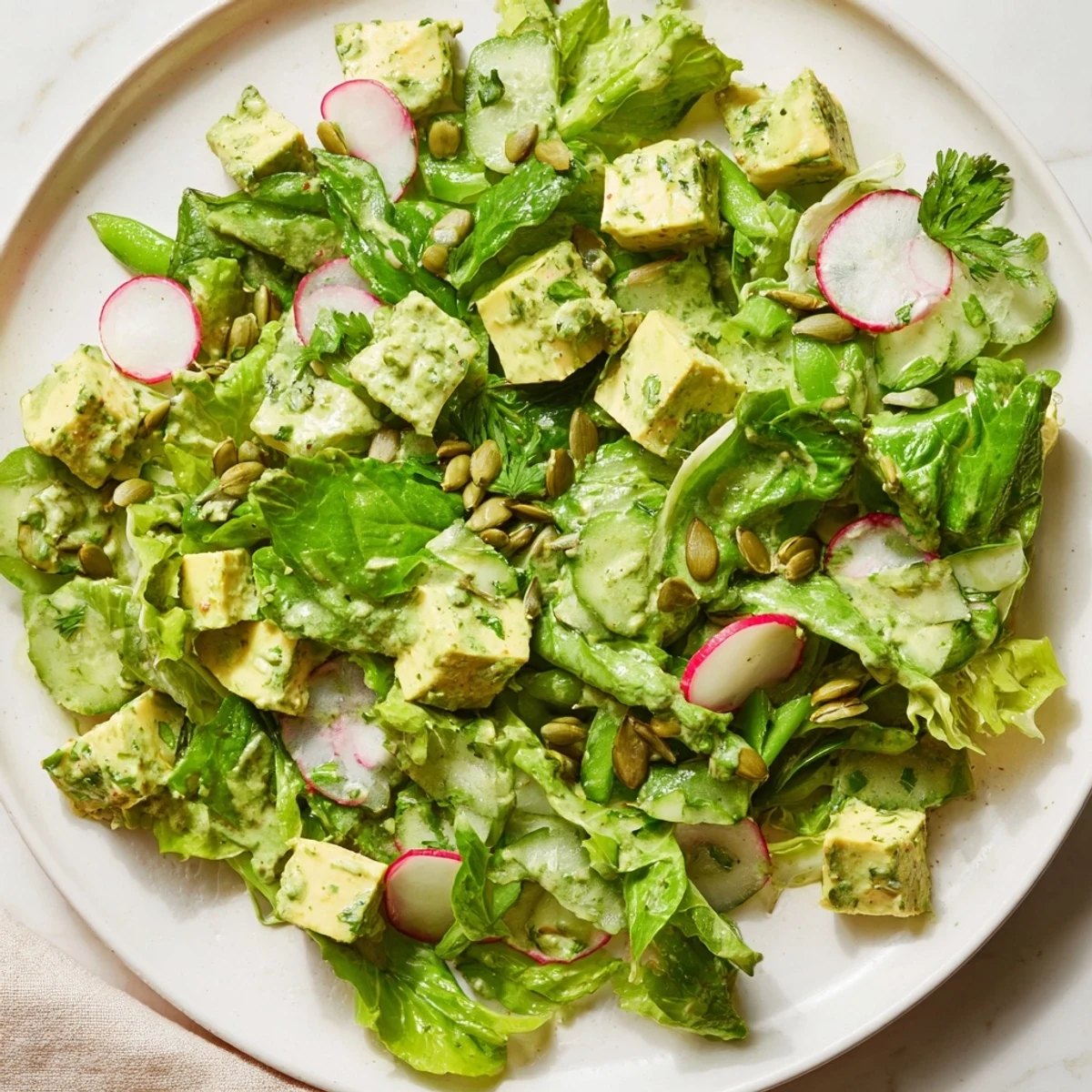 The fresh Green Goddess Salad features creamy avocado chunks, crisp cucumbers, and toasted pepitas for a healthy lunch.