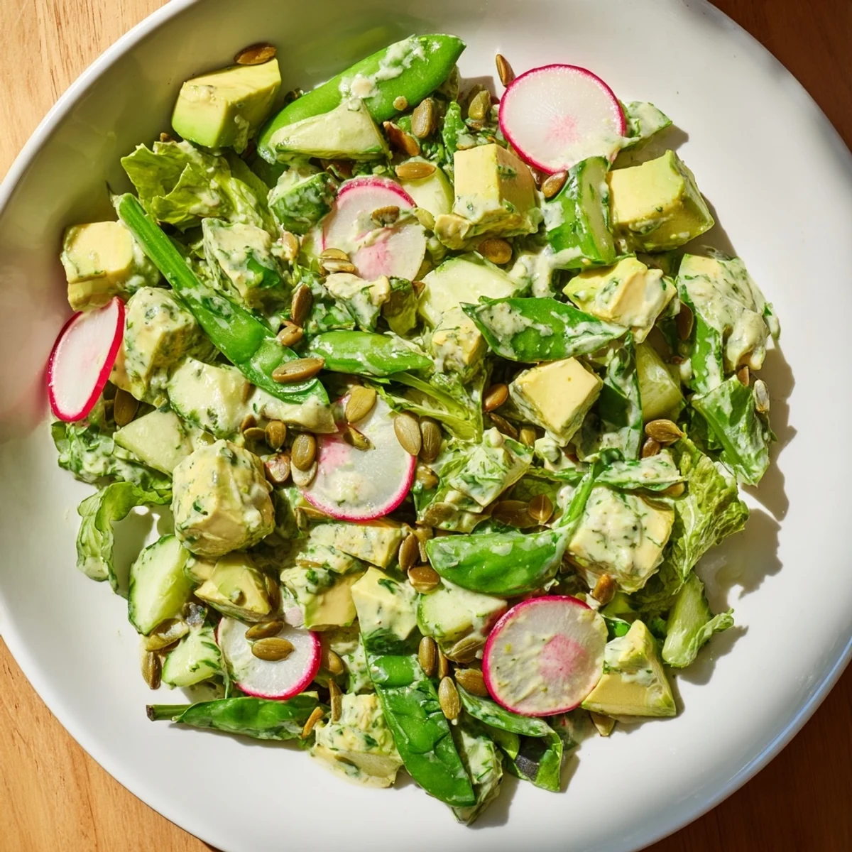 Overhead view of a bowl of Green Goddess Salad with vibrant greens and a drizzle of herby dressing.