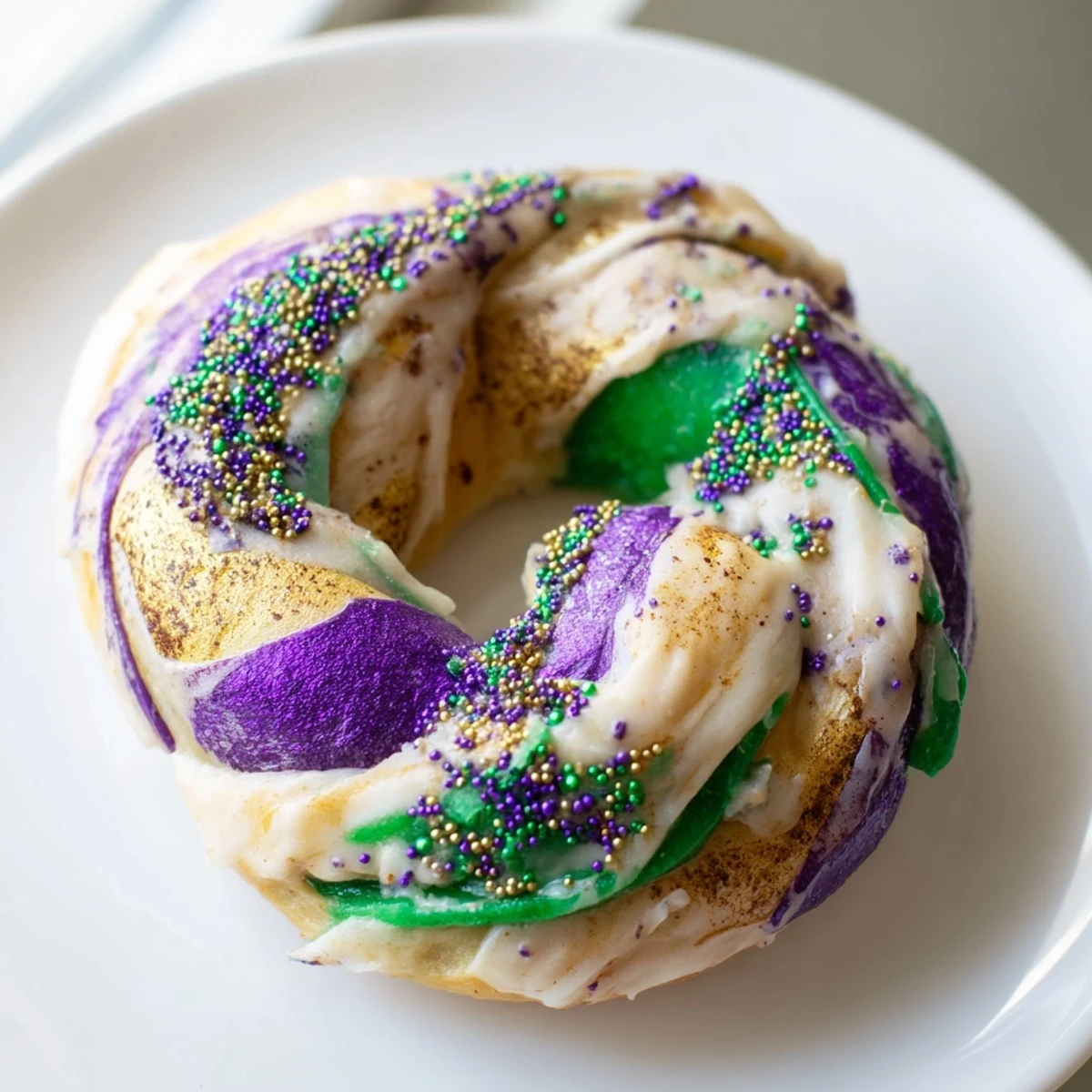 A close-up of freshly baked Mardi Gras King Cake Bagels, their twisted swirls of purple, green, and gold glazing shine under warm lighting.