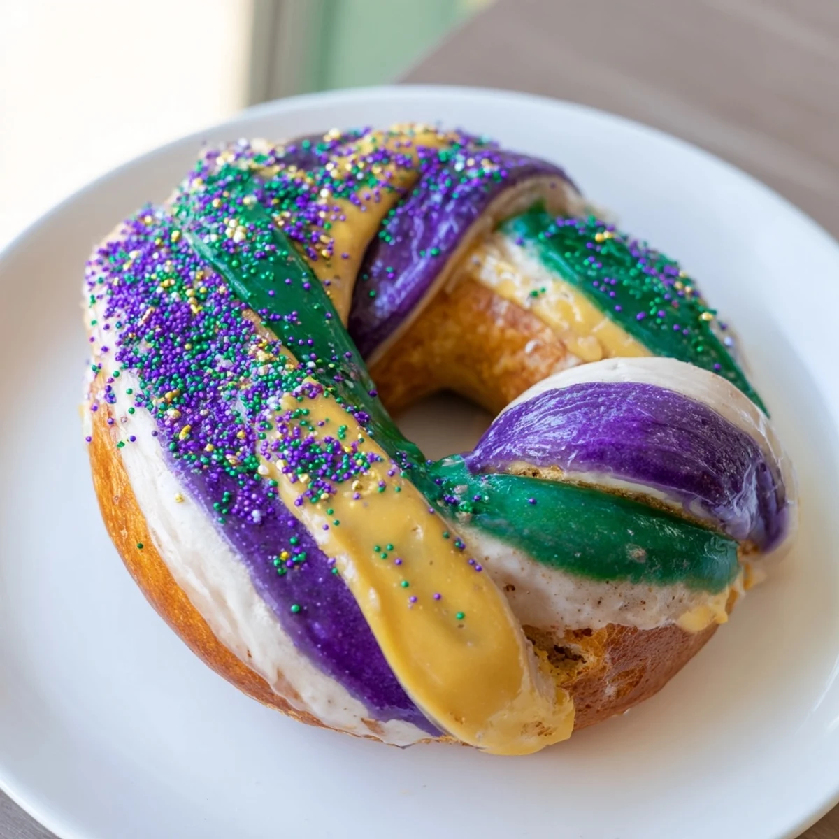Freshly glazed Mardi Gras King Cake Bagels on a cooling rack, their golden-brown crust and vibrant purple, green, and yellow hues look delicious.