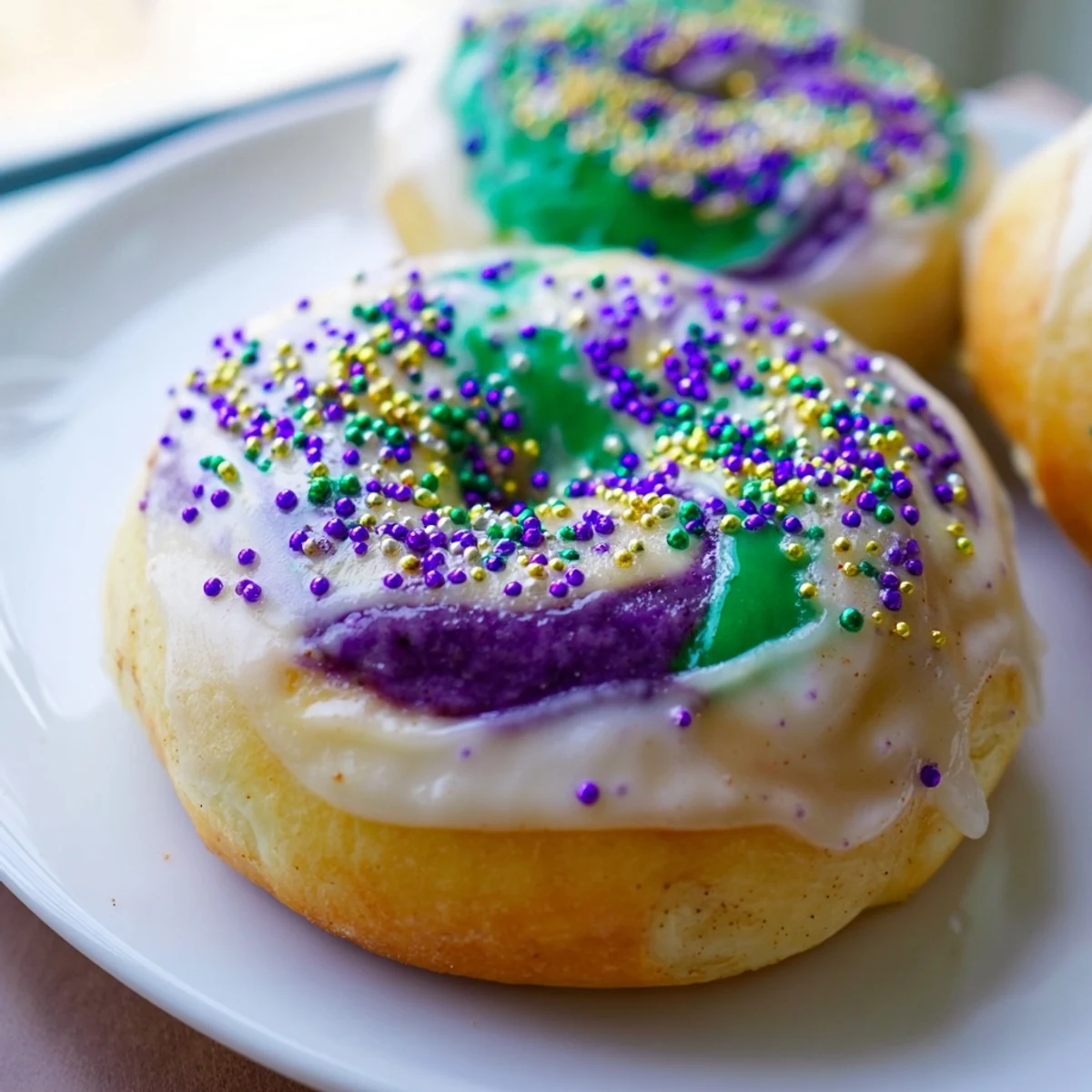 A platter of Mardi Gras King Cake Bagels, drizzled with vanilla glaze and sprinkled with colorful sanding sugars, ready for a festive brunch.