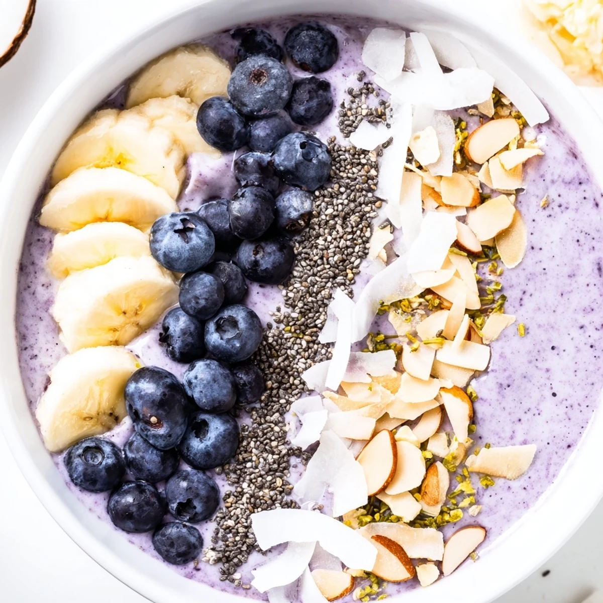 Thick and creamy Lemon Blueberry Smoothie Bowl swirled with lemon zest and piled high with crunchy toppings.