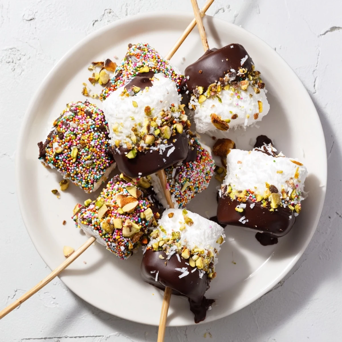 Fluffy marshmallows on sticks dipped in melted chocolate, topped with chopped nuts and sprinkles.  