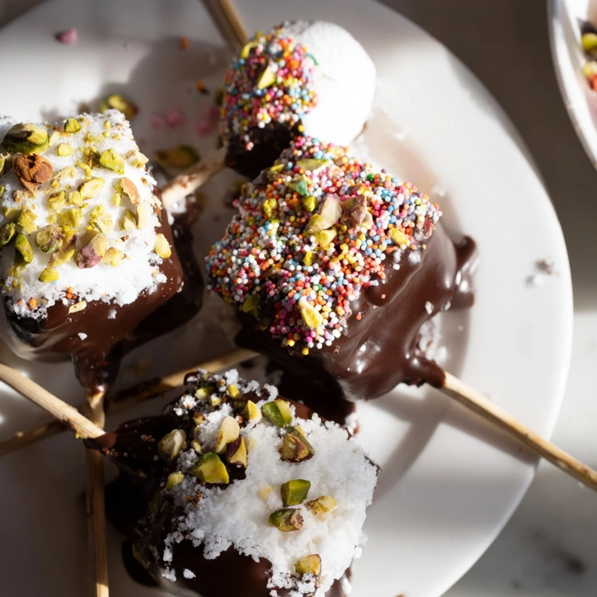 A close-up of chocolate dipped marshmallows with shredded coconut and flaky sea salt on a baking sheet.  