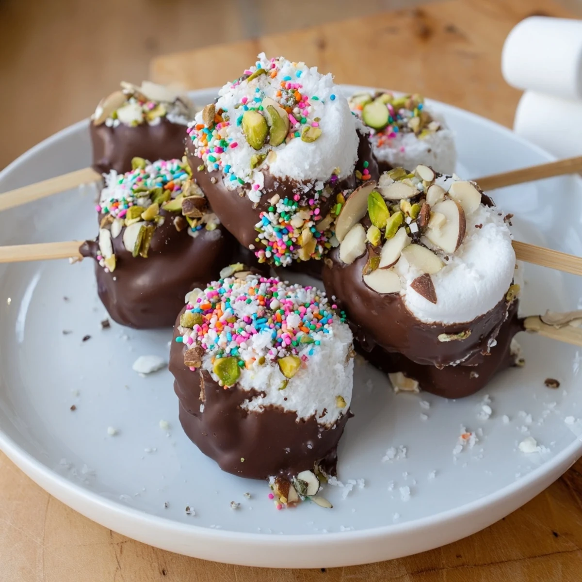 Giftable chocolate dipped marshmallows on parchment paper, some rolled in pistachios and others in colorful sprinkles.